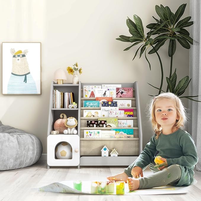 FKWin Kids Bookshelf, Kids Toy Storage Organizer, Baby Storage Book Rack, 4 Tier Kids Wooden Bookshelves, 5 Layer Sling Bookcase for Playroom, Bedroom, Living Room, Kids Room, Nursery, School (Gray)