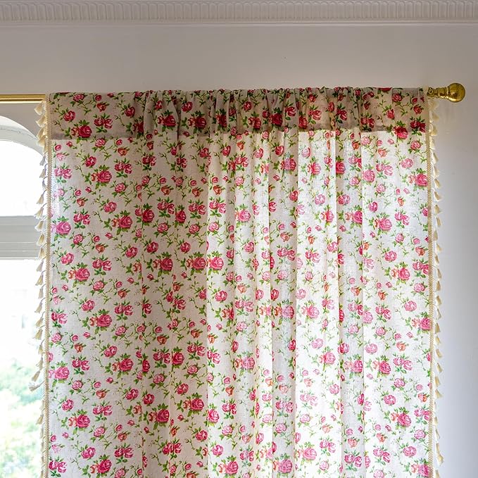 ENJOYBRIDAL Floral 96 Inch Curtains for Living Room Bedroom Drapes Farmhouse Vintage Semi Sheer Long Window Curtains 2 Panel Sets Boho Cute Rustic Dining Room Rod Pocket Window Treatments