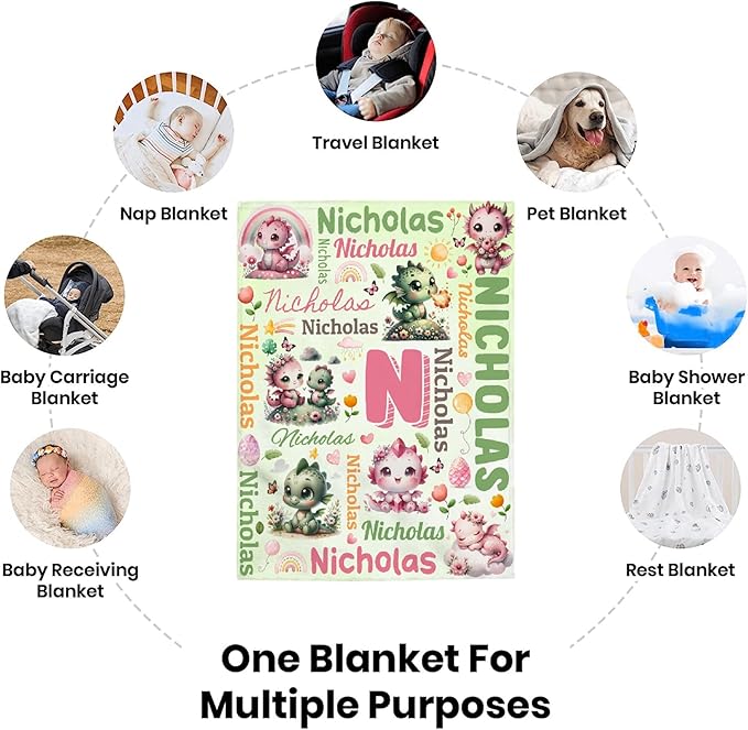 Personalized Custom Dragon Floral Preschool Blanket Gifts for Baby Toddler Kids Boys Girls - Customized Dragon Floral Soft Lightweight Flannel Sheets Decor for Crib Nap Couch - 30"x40" for Baby/Pets