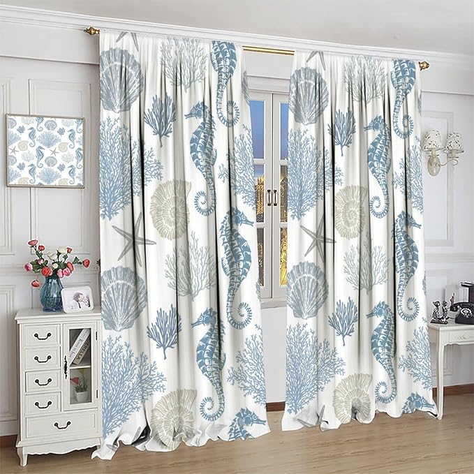 Seahorse Coral Curtains,Starfish Seashell Beach Sea Starfish Seashell Theme Pattern Blackout Print Home Bedroom Living Room Window Treatmen 2 Panel Set 52x84 Inch