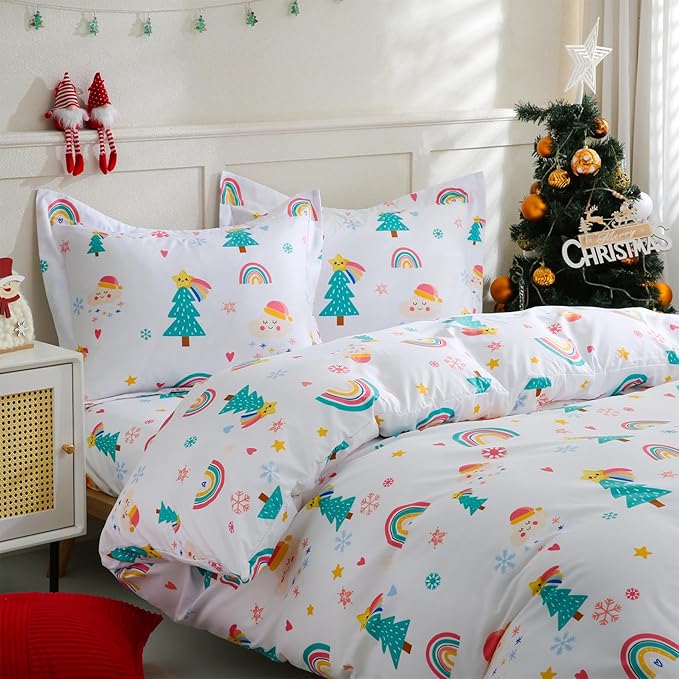 JSD Christmas Kids Duvet Cover Set Full Size, 3 Piece Rainbow Tree Microfiber Comforter Cover with Pillow Shams Zipper Closure, Comforter Not Included