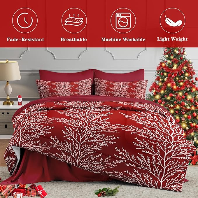 7 Pcs Full Size Christmas Comforter Set with 2 Pillowcases & 2 Shams, Red Botanical Bedding for Kids and Adults, Winter Tree Branch Bed in a Bag with Flat Fitted Sheet