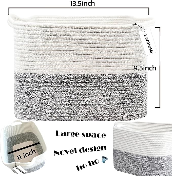 Small Woven Cotton Rope Basket for Organizing, Gift Baskets for Handles, Empty Gift Baskets, Toy Basket for bins|13.5" x 11" x 9.5" home decor for Living Room, Bathroom（White Grey）