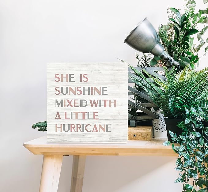 SRADMO She Is Sunshine Mixed with a Little Hurricane Boho Wood Box Sign Desk Decor, Girls Baby Inspirational Quotes Wooden Block Box Sign Decoration For Girls Room Shelf Table Nursery Playroom Decor