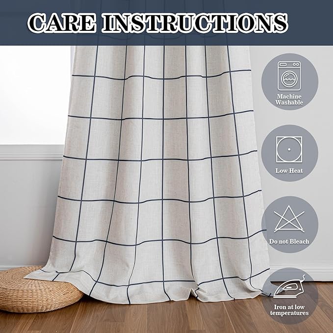 MYSKY HOME 100% Blackout Navy Blue Plaid Farmhouse Linen Curtains 84 Inch Long 2 Panels Set Double Layer Windowpane Drapes Thermal Insulated Privacy Protection Living Room Back Tab, 52" W