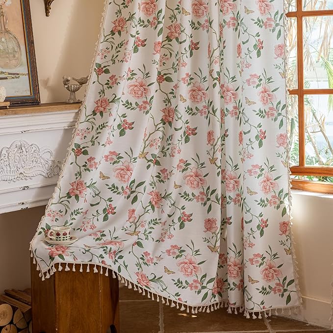 ENJOYBRIDAL Pink Floral 63 Inch Curtains for Bedroom Living Room Drapes Semi Sheer Boho Rod Pocket Short Window Curtains 2 Panel Sets Farmhouse Light Filtering Vintage Cute Window Treatments