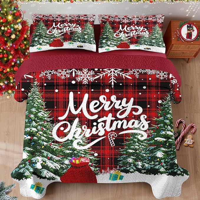 Christmas Full/Queen Size Quilt Set, Green Cartoon Trees Lightweight Bedspread Coverlet with Pillow Shams for Kids and Adults, Black Red Plaid 3 Pcs Bedding Bed Cover