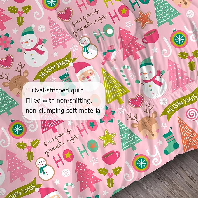 Pink Christmas Comforter Twin: Merry Xmas Santa Claus Bedding Set for Kids Teen Girls Boys Christmas Tree Snowman Elk Quilts Festival Decor Bed Set 1 Comforter & 1 Pillowcase