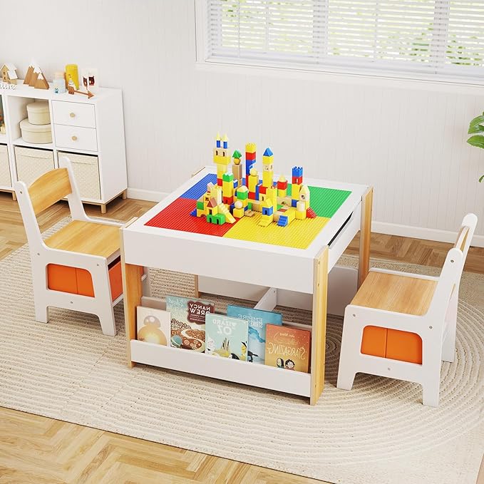 INFANS Kids Table and Chair Set, 4 in 1 Building Block Wooden Activity Desk with Reversible Tabletop Storage Drawers Bookshelves for Toddlers Art Craft Learning Reading Drawing Playroom (Natural)