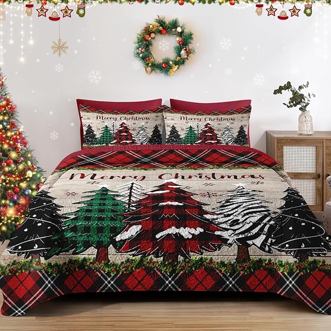 Christmas Full/Queen Size Quilt Set, Black Red Plaid Lightweight Bedspread Coverlet with Pillow Shams for Kids and Adults, Retro Colorful Pine Tree 3 Pcs Bedding Bed Cover