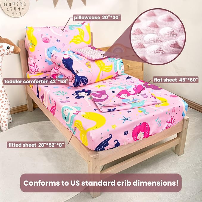 Toddler Bedding Set, Plush Minky Fabric Crib Bedding Set for Girls, Breathable and Soft Baby Crib Bedding Set, Includes Toddler Comforter, Flat Sheet, Fitted Sheet and Pillowcase for Girls (Mermaid)