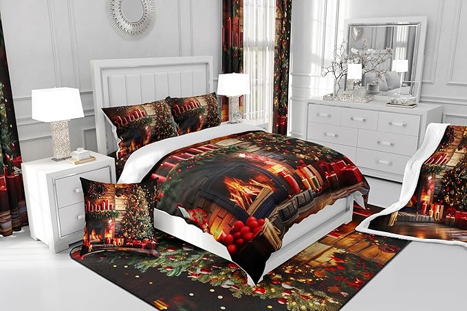 Merry Christmas Bedding Set Full Size,3D Christmas Fireplace Christmas Tree Comforter Set for Kids Boys Girls Room Decor,Xmas Theme Duvet Insert 3Pcs,Retro Wooden Stripes Quilt Set,2 Pillowcases