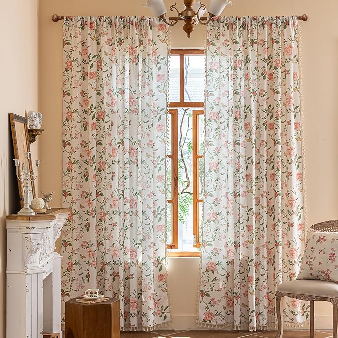 ENJOYBRIDAL Pink Floral 84 Inch Curtains for Bedroom Living Room Drapes Semi Sheer Boho Rod Pocket Farmhouse Window Curtains 2 Panel Sets Floor Length Light Filtering Vintage Cute Window Treatments