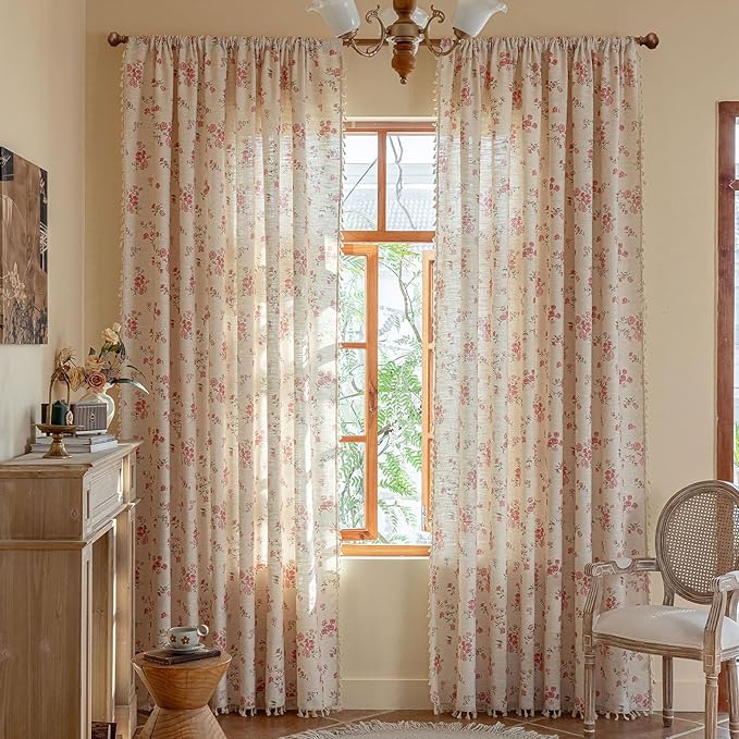 ENJOYBRIDAL Pink Floral 96 Inch Curtains 2 Panel Set Boho Tassel Drapes Farmhouse Rod Pocket Semi Sheer Long Window Curtains Bedroom Living Room Rustic Dining Room Aesthetic Decor Window Treatments