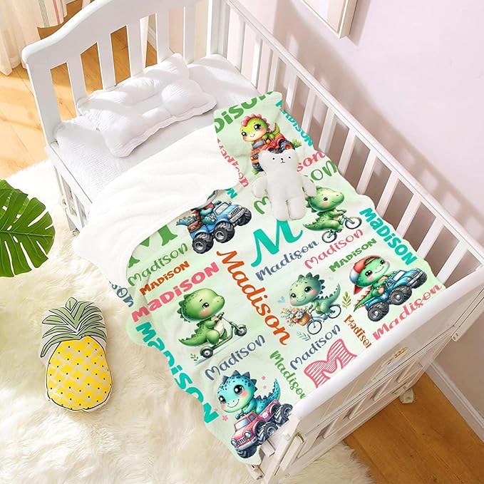 Custom Dinosaur Truck Blanket for Kids - Personalized Funny Dinosaur Gifts with Name - Plush Soft Warm Lightweight Flannel Throw Sheet Decor for Boys Girls Toddler Newborn Crib Nap Couch - 30"X40"
