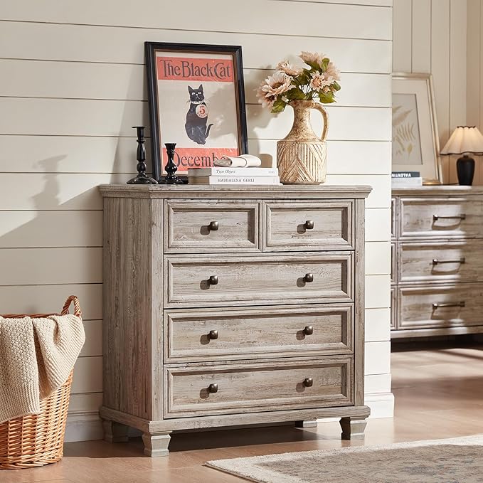 Farmhouse Bedroom Dresser and Nightstand Set of 4, 6 Drawer Tall & 5 Drawers Dresser & 2 Drawer Nightstand Set, Rustic Wood Furniture Set for Bedroom, Hallway, Grey