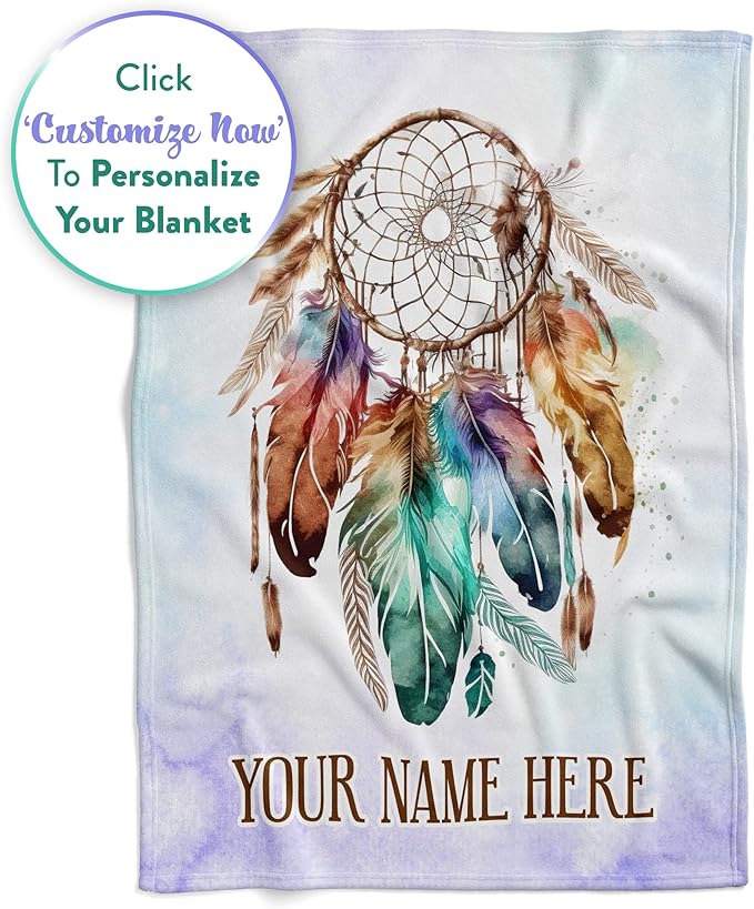 Personalized Dream Catcher Blanket with Colorful Boho Feather Graphic, Cute Custom Name Throw for Kids or Adults, Soft and Plush, Birthday Gift for Women or Men, Big Colorful (Fleece 30x40)