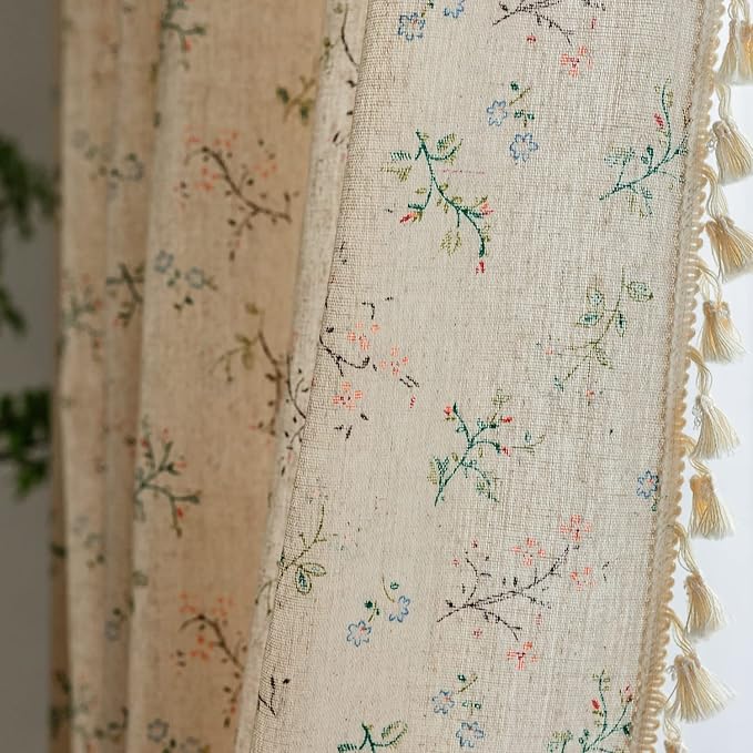 ENJOYBRIDAL Floral Boho Curtains 2 Panels Short 63 Inch Curtains Patterned Semi Sheer Living Room Drapes Farmhouse Bohemian Window Curtain Panels with Tassel Beige Rod Pocket Bedroom Drapes