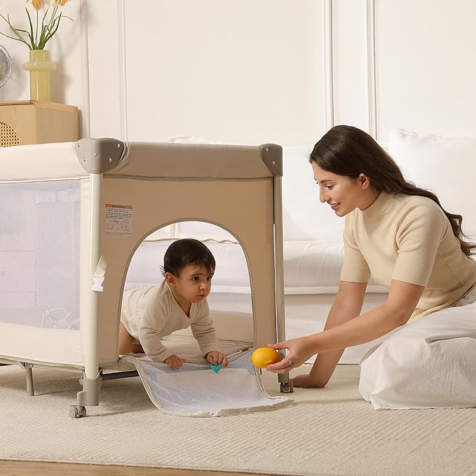 Pack and Play, Baby Bassinets Bedside Sleeper, Portable Crib, Diaper Changing Table & Baby Play Yard - Breathable Mesh & Steel Frame - Foldable for Newborn to Toddler (Cream Color)
