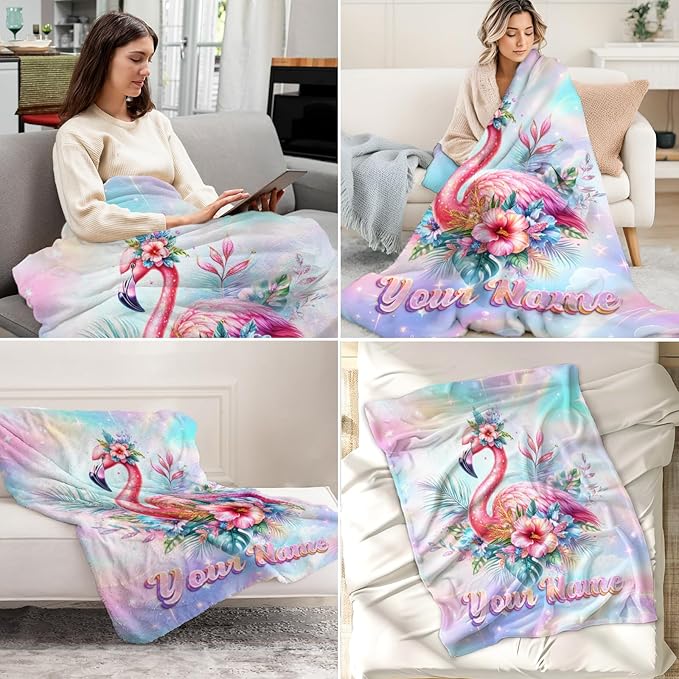Custom Kids Blanket for Toddler - Girls Throw for Flamingo Lovers - Soft Warm Blankets Stuff for Bed, Living Room