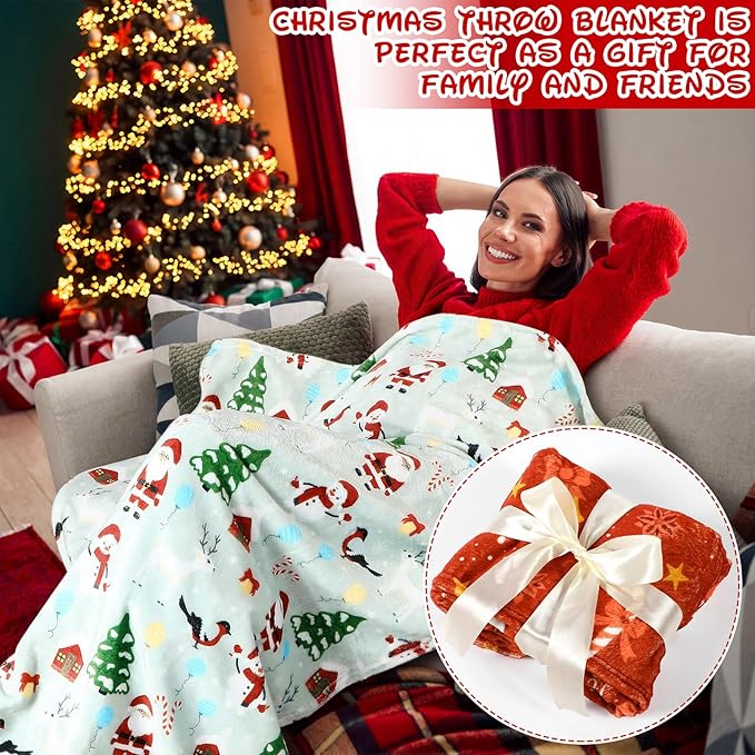 Buryeah 4 Pack Queen Size Christmas Throw Blankets Bulk for Sofa Bed Couch Snowman Igloo Santa Claus Bells Xmas Tree Soft Cozy Christmas Plush Flannel Blanket Home Decor Xmas Supplies, 60 x 80 Inches