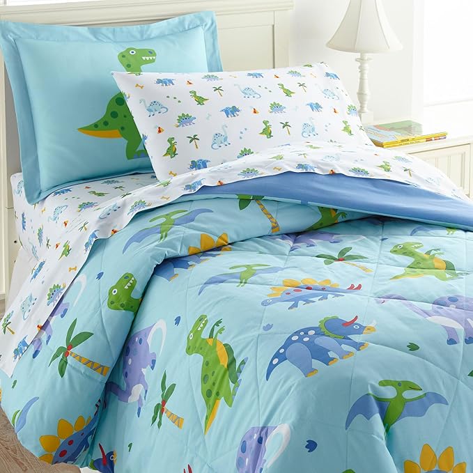 Wildkin 5-Piece Twin Bedding Set – 100% Cotton Comforter, Sheets & Pillowcase for Cozy Cuddles - Dinosaur Land