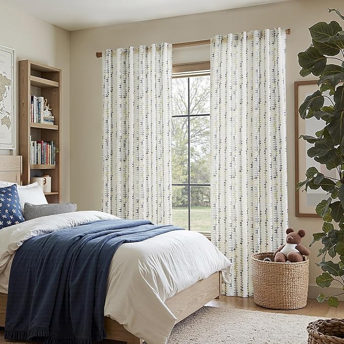 jinchan Linen Nursery Curtains for Living Room Boho Curtains for Bedroom Kids Room 63 Inches Long Geometric Printed Farmhouse Drapes Rod Pocket Window Treatment Curtain Set of 2 Panels Indigo-Gray