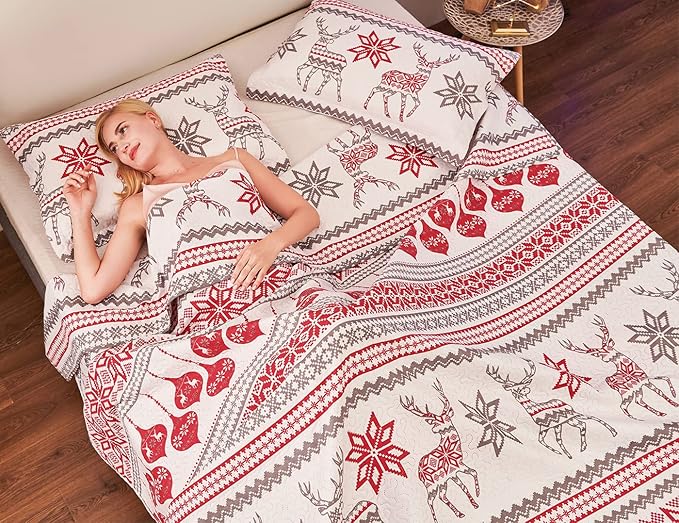 Jessy Home Christmas Quilt Set Queen Size Bedding Xmas Bedspread Coverlet Holiday Deer Snowflake Decor Soft Lightweight Bedding,Red White