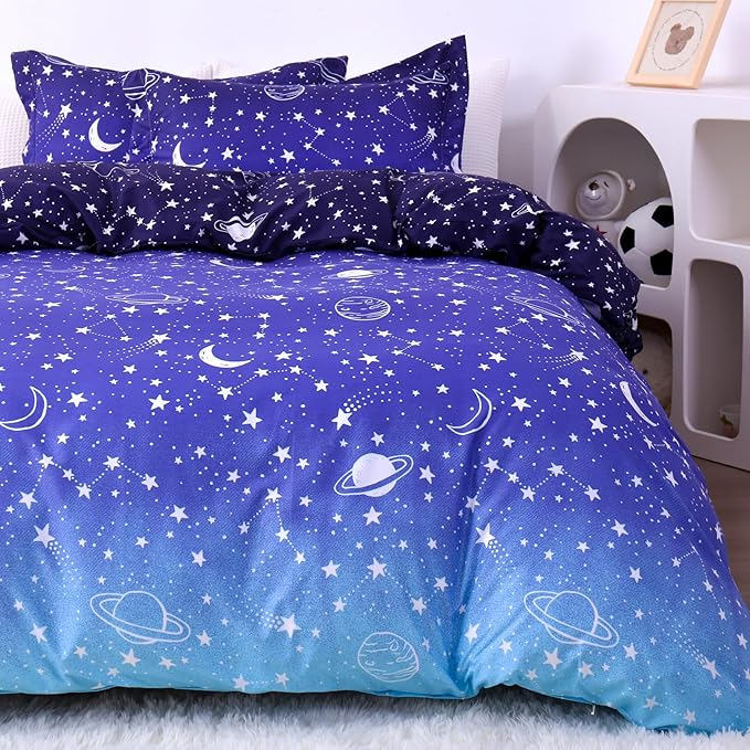 JSD Blue Stars Kids Duvet Cover Set Full Size, 3 Piece Boys Space Theme Microfiber Comforter Cover with Pillow Shams Zipper Closure, Comforter Not Included