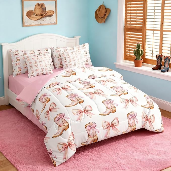 7 Pieces Western Cowgirl Comforter Set Full,Pink Bowknot Cowgirl Boots Rustic Farmhouse Bedding Set,Bow Tie Geometric Patchwork Golden（Comforter+Fitted+Flat Sheet+2 Pillowcases+2 Throw Pillow Covers）