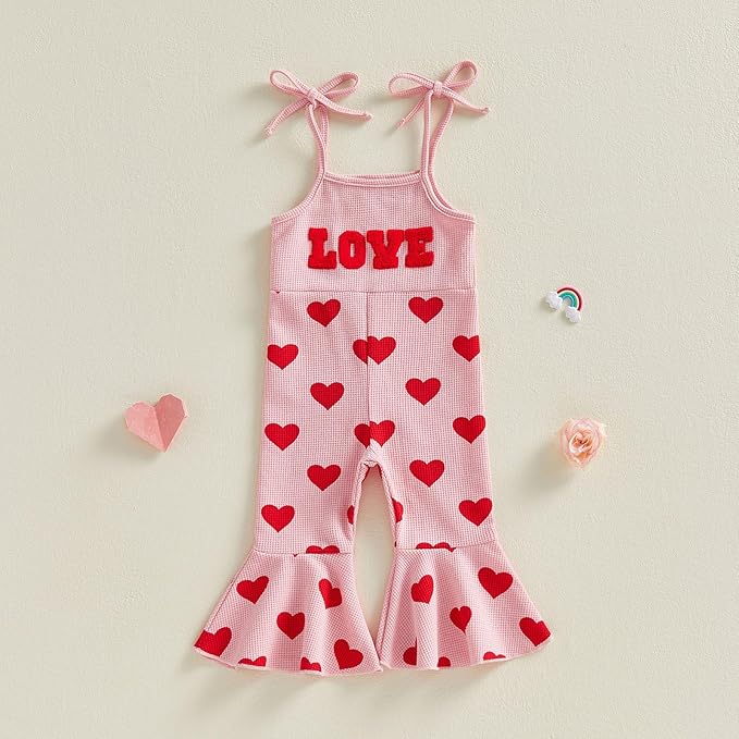 Toddler Baby Girl Valentines Day Outfit Love Sleeveless Tie-up Suspender Romper Bell Bottom Pants Spring Jumpsuit