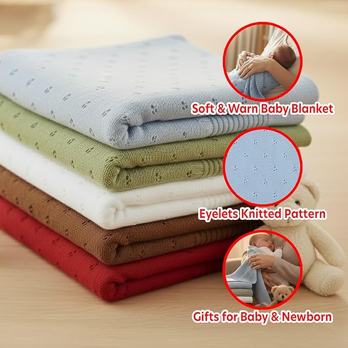 Baby Knit Blanket, 100% Cotton Eyelet Patterns, Soft, Cozy, Lightweight Swaddle for Newborn & Infant Swaddling Beige Neutral, Perfect Baby Shower Ideas Baby Blue 30x40