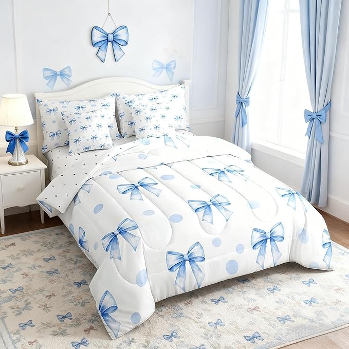 7 Pieces Blue Bowknot Kids Comforter Queen Size,Geometric Dots Bow Tie Patchwork Romantic Bedding Set,Bow Knot Princess Cute White Chic（Comforter+Fitted+Flat+2 Pillowcases+2 Throw Pillow Covers）