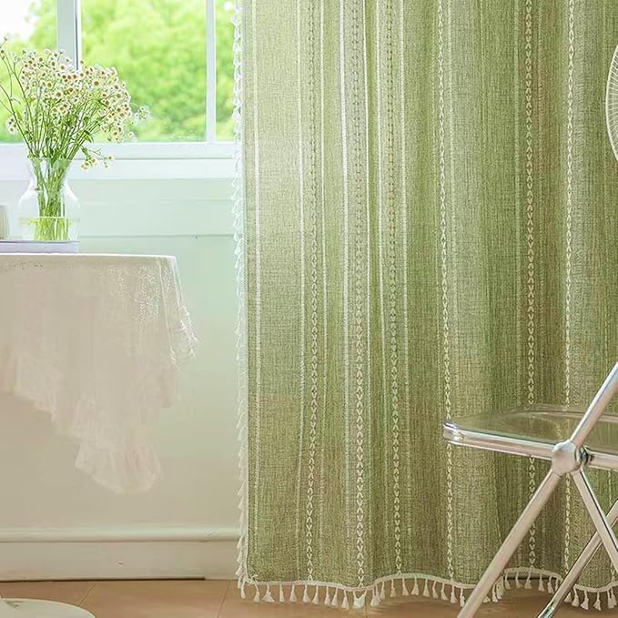 Deeprove Green Bohemian Curtains 90 Inches Long Linen Textured for Living Room Light Filter Farmhouse Sheer Hollow Striped Moss Drape, Rod Pocket Window Treatment for Bedroom 1 Panel W52 x L90