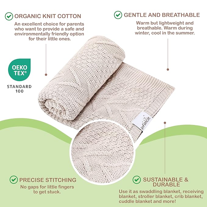 Organic Cotton Baby Blanket - 31.5 x 43.3 Inches, Soft Knitted Crib Blanket for Boys & Girls, Breathable Design (Beige)