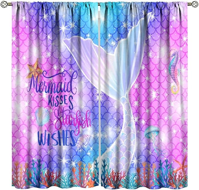 Kids Fantasy Mermaid Curtains Dream Colorful Mermaid Fish Tail Scale Fantasy Ocean Theme Window Treatment for Girls Bedroom Nursery Room Decor Window Drapes 42" W X 45" L