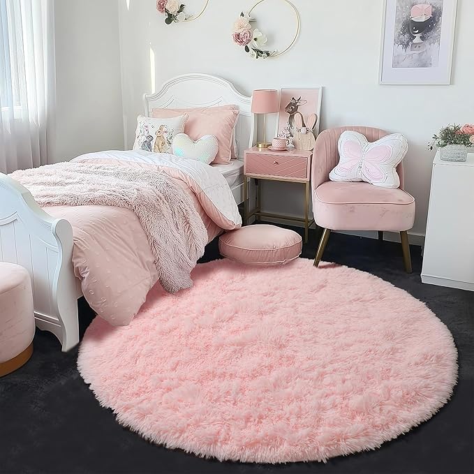 Pink Round Area Rugs 6Ft for Bedroom Living Room, Big Fluffy Shag Circle Rug for Kids Playroom, Cute Preppy Room Decor for Teen Girls, Cozy Fuzzy Furry Plush Carpets for Baby Nursery, Dorm, Classroom