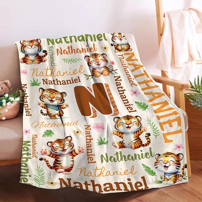 Personalized Custom Tiger Blanket Gifts for Kids Boys Girls with Name - Customized Tiger Super Soft Lightweight Flannel Sheets Decor for Crib Nap Couch - 50"x60" for Teens