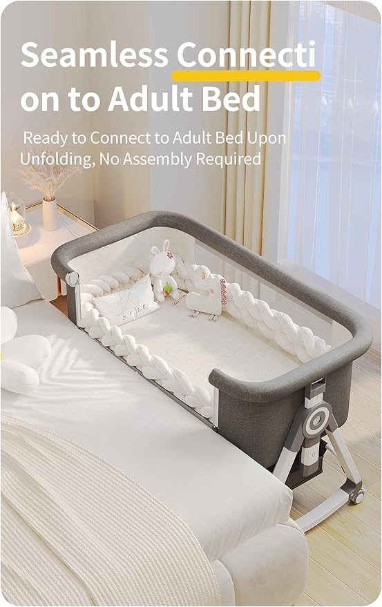 Baby Bassinet Bedside Bassinet for Baby 4 in 1 Portable Bassinet Bedside Sleeper with Wheels Mosquito Net & Storage Basket, 6 Height Adjustable Rocking Bassinet for Newborn Baby Crib