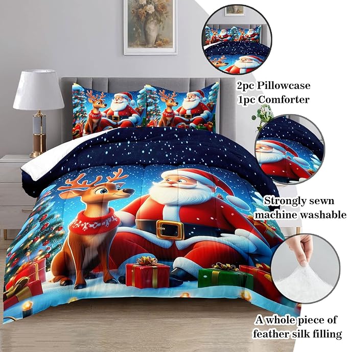 Raphus cucullatus Christmas Bedding King,Christmas Comforter Set,Santa Claus Decor Holiday Bedding Winter Quilt,Santa Claus Comforter Set,Snowflake Navidad Quilt Set,Cute Reindeer Quilt