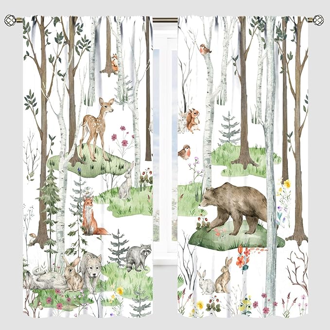 YCness Woodland Animals Curtains, Wild Animals Watercolor Forest Bear Deer Fox Rabbit Floral Nature Window Treatments for Bedroom Kitchen Nursery Living Room Drapes, 63x63 Inch