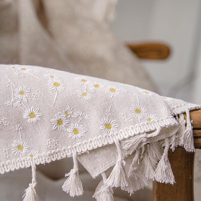 ENJOYBRIDAL Floral Curtains 96 Inch Length 2 Panels Tassel Drapes Rod Pocket Semi-Sheer Boho Daisy Bedroom Living Room Farmhouse Rustic Bohemian Window Curtain Panels