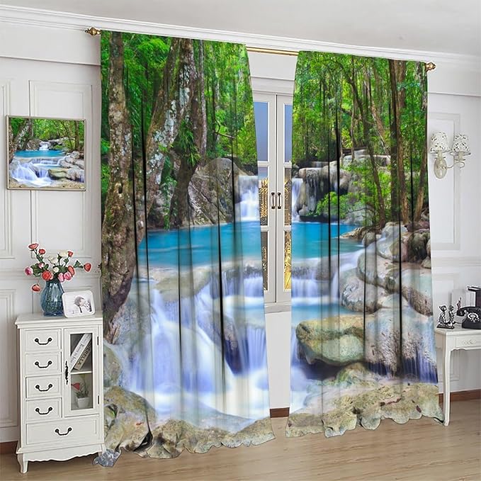 Forest Waterfall Blackout Curtains, Spring Nature Theme Natural Scenery Mountain Scenery Rod Pocket Window Drapes, for Bedroom Living Room 42" W X 45" L