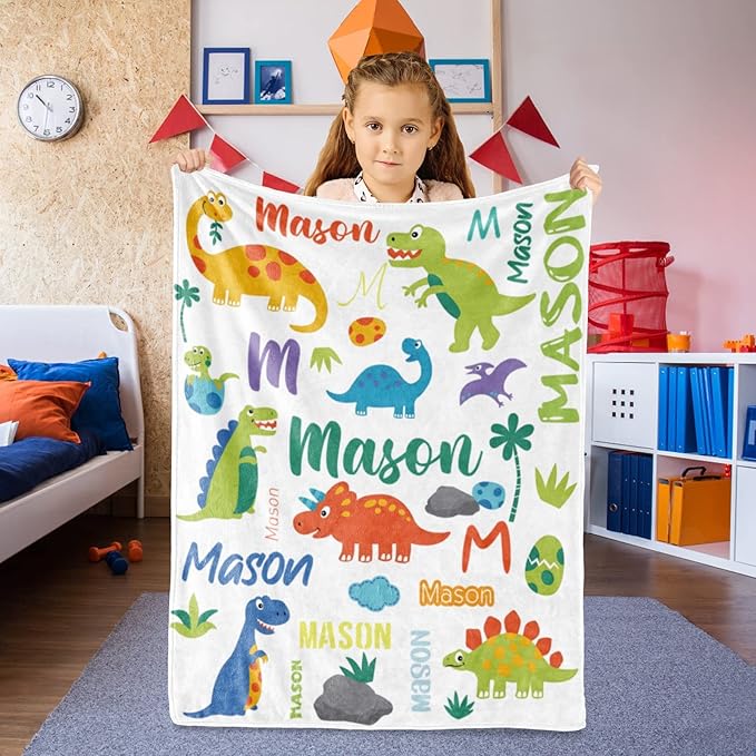 Personalized Dinosaur Blanket with Name for Boys, Custom Name Blanket for Kids Dino, Soft Flannel Dinosaur Toddler Blanket Customized Gift for Birthday Christmas Baby Shower Newborn Gift 60" X 80"