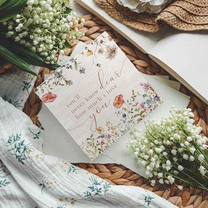 Boho Flower Nursery Beige Wooden Sign Desk Decor, Wildflower Floral Decorative Signs for Baby Girl Room Nursery, You'll Never Know Dear How Much I Love You Sign Home Shelf Desk Decor 6x6 Inch