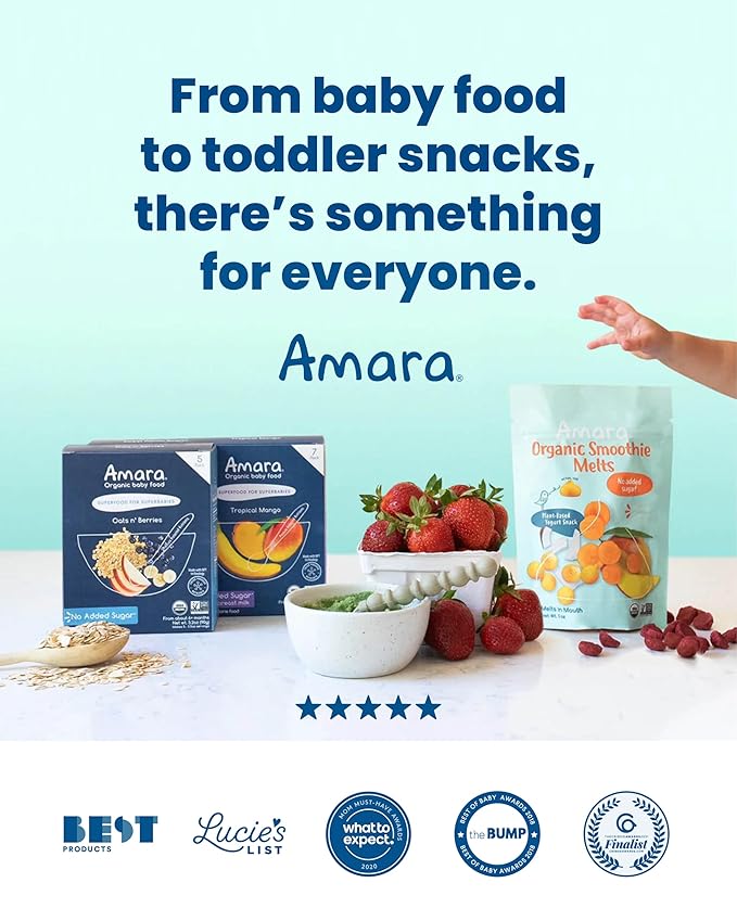 Amara Organic Baby Food - Stage 3 - Ancient Grain - Baby Cereal to Mix With Breastmilk, Water or Baby Formula - Shelf Stable Baby Food Made from Organic Fruit & Veggies - 5 Pouches, 3.5oz Per Serving