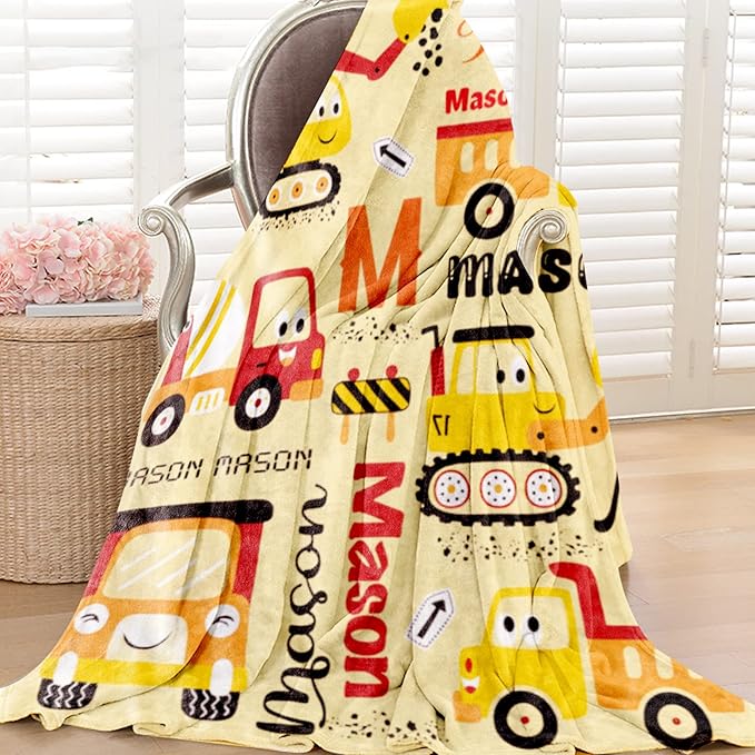 Personalized Construction Blanket for Boys Girls with Name, Custom Name Blanket Construction Vehicles, Soft Flannel Teen Blankets Customized Gift for Birthday Christmas-50x60in