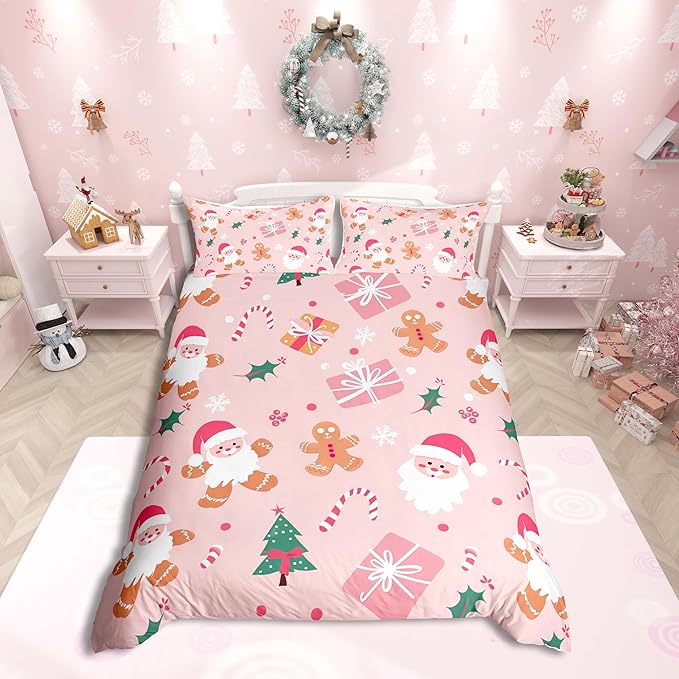 Feelyou Merry Christmas Bedding Set Cookies Candy Duvet Cover Set for Kids Boys Girls PinkChristmas Comforter Cover Quilt Cover Bedroom Collection 3Pcs Queen Size,No Comforter