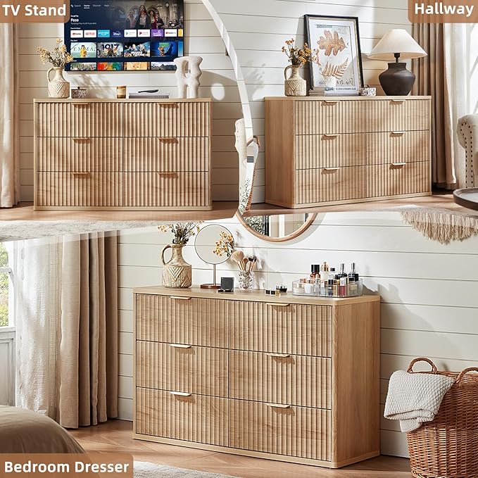 LEYAOYAO Fluted 6 Drawers Dresser for Bedroom, 48" Wide Modern Chest of Drawers with Metal Handle, Natural Curved Profile Farmhouse Closet Organizer Wood Dressers TV Stand for Living Room, Hallway