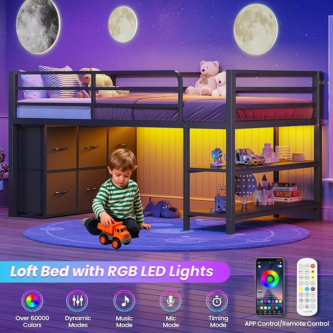 BTHFST Low Loft Bed Twin Size with 6 Storage Drawers, LED Lights, 2 Tier Storage Shelves, Kids Metal Loft Bed with 15" H Stairs & Safety Guardrail, Spave Saving, Black
